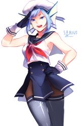 Rule 34 | 10s, 1girl, :d, absurdres, bare shoulders, blouse, blue eyes, blue hair, boku no hero academia, boots, breasts, gloves, hand on own hip, hat, highres, open mouth, pantyhose, sailor, sailor hat, salute, shirt, simple background, sirius (boku no hero academia), skirt, sleeveless, sleeveless shirt, smile, solo, thigh boots, thighhighs, white background, white shirt
