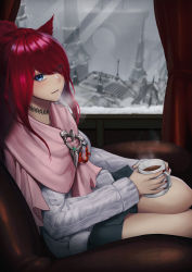 Rule 34 | 1girl, absurdres, animal ears, warrior of light (ff14), blue eyes, cat ears, choker, commission, cup, eyes visible through hair, final fantasy, final fantasy xiv, highres, holding, holding cup, long hair, miqo&#039;te, pixiv commission, pleated skirt, red hair, scarf, sitting, skirt, solo, sweater, window, zeri (zeristudio)