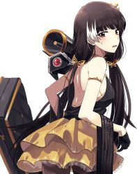Rule 34 | 1girl, alternate costume, armlet, backless dress, backless outfit, bag, black gloves, black hair, blush, breasts, cleavage, dinergate (girls&#039; frontline), dress, girls&#039; frontline, gloves, hair ornament, handbag, heterochromia, highres, lix (iroiro3843), long hair, looking back, megaphone, multicolored hair, pantyhose, petticoat, ro635 (girls&#039; frontline), sleeveless, sleeveless dress, solo, streaked hair, sweatdrop, transparent background, twintails, white background, white hair