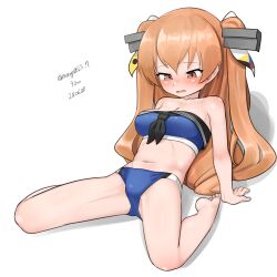 Rule 34 | 1girl, absurdres, adapted costume, barefoot, bikini, black neckerchief, blue bikini, breasts, brown eyes, headgear, highres, johnston (kancolle), johnston kai (swimsuit mode) (kancolle), kantai collection, light brown hair, long hair, maru (marg0613), medium breasts, navel, neckerchief, one-hour drawing challenge, simple background, sitting, solo, swimsuit, two side up, wariza, white background