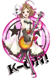 Rule 34 | 00s, 1girl, ahoge, bad id, bad pixiv id, bracelet, brown eyes, brown hair, don&#039;t say &quot;lazy&quot;, dress, female focus, guitar, hair ornament, hirasawa yui, instrument, jewelry, k-on!, m (pixiv), necklace, pantyhose, solo, striped