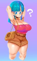 Rule 34 | 1girl, ?, absurdres, armpits, arms behind head, blue background, blue eyes, blue hair, blush, breasts, brown shorts, bulma, cashumeru, cleavage, collarbone, cowboy shot, crop top, dragon ball, dragonball z, gradient background, highres, large breasts, long hair, looking at viewer, matching hair/eyes, parted lips, purple background, shiny skin, shorts, solo, standing, strapless, thick thighs, thighs, two-tone background, wide hips