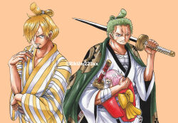 Rule 34 | 1girl, 2boys, artist name, blonde hair, cigarette, closed eyes, closed mouth, commentary request, crying, curly eyebrows, earrings, facial hair, goatee, green hair, highres, holding, holding cigarette, holding sword, holding weapon, japanese clothes, jewelry, katana, kimono, looking at viewer, multiple boys, one eye closed, one piece, open mouth, pink hair, riku (rikuw223xx), roronoa zoro, sanji (one piece), scar, scar across eye, scar on face, short hair, simple background, single earring, sword, tears, teeth, toko (one piece), topknot, weapon