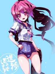 Rule 34 | 10s, 1girl, i-168 (kancolle), kantai collection, long hair, looking at viewer, miuku (marine sapphire), oekaki, one-piece swimsuit, open mouth, personification, ponytail, red eyes, red hair, school swimsuit, school uniform, serafuku, shiny clothes, solo, swimsuit, swimsuit under clothes