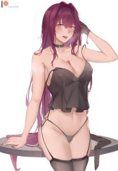 Rule 34 | 1girl, bad id, bad pixiv id, belt collar, between breasts, black gloves, black panties, black thighhighs, blush, breasts, cleavage, collar, condom, condom wrapper, covered erect nipples, fate/grand order, fate (series), garter belt, garter straps, gloves, hair intakes, hand in own hair, hand up, highres, large breasts, leaning on object, legs together, long hair, looking at viewer, nail polish, navel, no pants, panties, patreon logo, purple hair, red eyes, resolution mismatch, revision, rifu (643763873), scathach (fate), simple background, single glove, solo, source larger, standing, strap slip, table, tank top, thighhighs, thighs, tongue, tongue out, underwear, very long hair, white background
