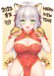 Rule 34 | 1girl, 2022, :d, animal ears, animal hands, animal print, braid, breasts, checkered background, china dress, chinese clothes, chinese zodiac, cleavage, cleavage cutout, clothing cutout, commentary request, crown braid, dress, fur-trimmed gloves, fur trim, gloves, green eyes, grey hair, happy new year, highres, long hair, looking at viewer, medium breasts, nagare yoshimi, new year, open mouth, original, paw gloves, paw shoes, pelvic curtain, print gloves, puffy short sleeves, puffy sleeves, red dress, short sleeves, smile, solo, tail, tiger ears, tiger girl, tiger print, tiger tail, very long hair, year of the tiger, yellow gloves