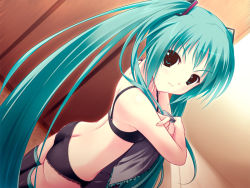 Rule 34 | 1girl, 3:, amino, amino kohaku, angry, aqua eyes, aqua hair, ass, black bra, black panties, black theme, black thighhighs, blouse, bra, butt crack, clothes in front, dressing, dressing room, dutch angle, frilled shirt, frills, game cg, green eyes, green hair, grey shirt, hatsune miku, lace, lace-trimmed panties, lace trim, lingerie, long hair, looking back, matching hair/eyes, panties, shirt, solo, thighhighs, twintails, underwear, underwear only, very long hair, vocaloid