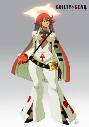 Rule 34 | 1girl, ankh, ankh necklace, bell-bottoms, belt, black gloves, bodysuit, breasts, broken halo, electricity, gloves, green eyes, guilty gear, guilty gear xrd, hair between eyes, halo, highres, jack-o&#039; valentine, jewelry, long hair, medium breasts, multicolored hair, necklace, pants, red hair, solo, tovio rogers, two-tone hair, white bodysuit, white hair