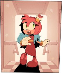 Rule 34 | 1girl, amy rose, animal ears, animal nose, backlighting, bob cut, body fur, border, breasts, cake, candle, chao (sonic), digimin, dress, ear covers, feather boa, female focus, food, food on head, full body, furry, furry female, gloves, green eyes, hairband, hands up, happy, heel up, indoors, long dress, looking to the side, looking up, object on head, official art, open mouth, pink fur, pink hair, railing, red dress, red footwear, red hairband, shadow, shoes, short hair, sidelocks, single ear cover, small breasts, smile, solo, sonic (series), standing, teeth, the murder of sonic the hedgehog, tile floor, tiles, transparent border, white gloves