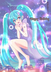 Rule 34 | 1girl, absurdly long hair, anniversary, aqua eyes, aqua hair, artist name, artist request, arusu (ars1007), back bow, bare legs, bare shoulders, barefoot, blue eyes, blue hair, bow, breasts, city, dress, feet, female focus, floating, full body, hair ornament, hatsune miku, heart, heart hair ornament, highres, long hair, night, night sky, number tattoo, purple bow, purple dress, purple skirt, shoulder tattoo, skirt, sky, small breasts, solo, star (sky), tattoo, twintails, very long hair, vocaloid