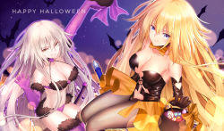 Rule 34 | 2girls, absurdres, alternate costume, arm up, bare shoulders, black gloves, black leotard, blonde hair, blue eyes, bow, bowtie, breasts, brown eyes, candy, candy wrapper, cleavage, closed mouth, clothing cutout, collarbone, commentary, elbow gloves, english commentary, fate/grand order, fate (series), fishnet pantyhose, fishnets, food, fur-trimmed gloves, fur-trimmed legwear, fur trim, gloves, gogatsu fukuin, grin, hair between eyes, halloween bucket, happy halloween, heart cutout, highres, jeanne d&#039;arc (fate), jeanne d&#039;arc (ruler) (fate), jeanne d&#039;arc alter (avenger) (fate), jeanne d&#039;arc alter (fate), leotard, lollipop, long hair, looking at viewer, medium breasts, multiple girls, navel, orange neckwear, pantyhose, purple gloves, purple legwear, silver hair, smile, strapless, strapless leotard, swirl lollipop, thighhighs, very long hair
