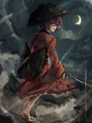 Rule 34 | 1girl, absurdres, barefoot, black sash, bowl, bowl hat, commentary request, crescent moon, dutch angle, from behind, full body, hat, higasa rin, highres, holding, holding needle, japanese clothes, kimono, long sleeves, looking at viewer, looking back, moon, needle, night, night sky, obi, outdoors, parted lips, pink eyes, profile, purple hair, red kimono, sash, shaded face, short hair, sketch, sky, sleeves past wrists, smile, solo, standing, sukuna shinmyoumaru, touhou, wide sleeves, wind