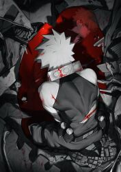 Rule 34 | 1boy, absurdres, aged down, baggy pants, bakugou katsuki, bare shoulders, belt, between legs, black pants, bleeding, blonde hair, blood, blood in hair, blood on back, blood on clothes, blood on ground, blood stain, boku no hero academia, broken, closed mouth, collared shirt, cuts, detached sleeves, different reflection, explosive, eyes visible through hair, from above, from behind, full body, gakuran, glowing, glowing eyes, grenade, hand between legs, hand in pocket, head down, high collar, highres, injury, knee pads, konishi (zatuizatui598), leaning forward, light, light frown, long sleeves, looking at another, male focus, pants, partially colored, profile, pool of blood, red eyes, reflection, rubble, school uniform, seiza, shadow, shirt, shoe soles, short hair, sideways mouth, sitting, skin tight, sleeveless, solo, spiked hair, tank top, tire, toned, toned male, torn clothes, torn sleeve, torn tank top, wheel, white shirt, wreckage