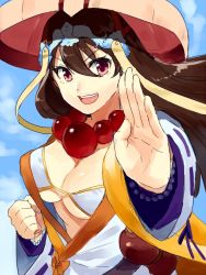 Rule 34 | 1girl, bad id, bad twitter id, beads, bikini, bikini top only, breasts, brown hair, cleavage, fate/grand order, fate (series), fighting stance, hat, large breasts, long hair, looking at viewer, open mouth, prayer beads, red eyes, smile, solo, swimsuit, syunga, upper body, xuangzang sanzang (fate)