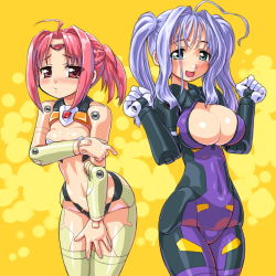 Rule 34 | 2girls, ahoge, bad id, bad pixiv id, blue eyes, blue hair, blush, breast envy, breasts, brown eyes, busou shinki, cleavage, cosplay, costume switch, dd (ijigendd), doll joints, eukrante, ianeira, joints, large breasts, multiple girls, pink eyes, pink hair, ponytail, purple hair, red hair, short hair, thighhighs, twintails