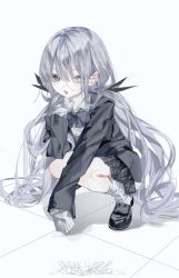 Rule 34 | 1girl, absurdres, black bow, black footwear, black jacket, black skirt, blush, bow, bowtie, collared shirt, fang, full body, grey eyes, grey hair, hair between eyes, hair ribbon, heterochromia, highres, jacket, loafers, long hair, long sleeves, looking at viewer, low twintails, miniskirt, original, pleated skirt, ribbon, school uniform, shirt, shoes, simple background, skirt, sleeves past fingers, sleeves past wrists, socks, solo, squatting, star-shaped pupils, star (symbol), suimin (sui 0y0), symbol-shaped pupils, tongue, tongue out, twintails, very long hair, white background, white shirt, white socks
