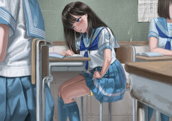 Rule 34 | 1girl, black hair, classroom, desk, itou tatsuya, lock, original, pussy juice, school uniform, sitting, tearing up, thigh bands