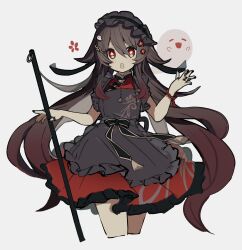 Rule 34 | 1girl, apron, black apron, black headband, black nails, boo tao (genshin impact), bracelet, brown hair, chinese clothes, dress, flower-shaped pupils, genshin impact, ghost, headband, highres, holding, holding polearm, holding weapon, hu tao (genshin impact), jewelry, long hair, merry-san, multicolored hair, open mouth, polearm, red dress, red eyes, red hair, ring, short sleeves, solo, symbol-shaped pupils, twintails, weapon