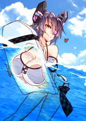 Rule 34 | 10s, 1girl, 218, bikini, blush, breast press, breasts, cleavage, eyepatch, headgear, heart, kantai collection, kickboard, large breasts, looking at viewer, navel, purple hair, see-through, short hair, smile, solo, swimsuit, tenryuu (kancolle), water, wet, yellow eyes