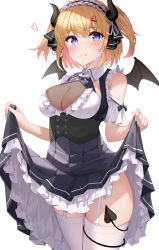 Rule 34 | 1girl, absurdres, blonde hair, blue eyes, blush, breasts, cleavage, closed mouth, clothes lift, cowboy shot, demon girl, demon tail, demon wings, detached collar, detached sleeves, garter straps, hair ornament, hair ribbon, hairclip, heart, highres, large breasts, lifted by self, maid, maid headdress, original, ribbon, shiranui (nisioisin sinob), simple background, skirt, skirt lift, solo, tail, thighhighs, thighs, tongue, tongue out, two side up, white background, white thighhighs, wings