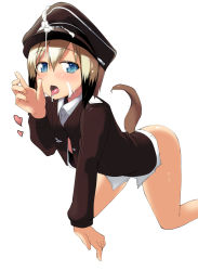 Rule 34 | 1girl, all fours, ass, atahuta, bare legs, blonde hair, blue eyes, blush, cum, cum on clothes, erica hartmann, facial, fellatio gesture, hat, heart, highres, licking, looking at viewer, military, military uniform, no pants, peaked cap, petite, short hair, solo, strike witches, tail, tongue, tongue out, unbuttoned, uniform, world witches series