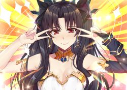 Rule 34 | 1girl, absurdres, armlet, bare shoulders, black hair, blush, breasts, commentary request, crown, earrings, emotional engine - full drive, fate/grand order, fate (series), gu li, hair ribbon, highres, hoop earrings, ishtar (fate), jewelry, long hair, looking at viewer, navel, parted bangs, red eyes, ribbon, smile, solo, two side up