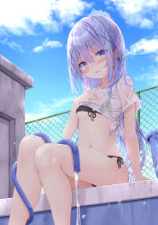 Rule 34 | 1girl, absurdres, bikini, black bikini, blue eyes, blue hair, blue sky, blush, breasts, bucket, chain-link fence, clothes lift, cloud, commentary request, day, feet out of frame, fence, front-tie top, gochuumon wa usagi desu ka?, hair between eyes, highres, hose, kafuu chino, kouda suzu, lifting own clothes, long hair, looking at viewer, navel, outdoors, parted lips, see-through, shirt, shirt lift, side-tie bikini bottom, sky, small breasts, solo, swimsuit, very long hair, water, wet, wet clothes, wet shirt, white shirt