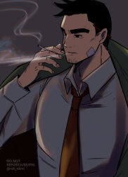 Rule 34 | 1boy, ace attorney, between fingers, black eyes, blowing smoke, cigarette, collared shirt, dick gumshoe, facial hair, goatee, grey background, grey shirt, highres, holding, holding cigarette, male focus, mature male, necktie, parted lips, pencil behind ear, rat nkmi, red necktie, shirt, short hair, smoke, smoking, solo, thick eyebrows, twitter username