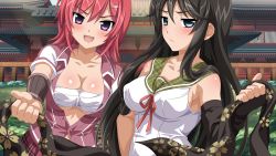 Rule 34 | &gt;:d, 2girls, :/, :d, arm guards, bare shoulders, black gloves, black hair, blazer, blue eyes, blush, body blush, breasts, building, bush, buttons, cherry blossoms, cleavage, collarbone, covered erect nipples, day, elbow gloves, fingerless gloves, frown, game cg, gauntlets, gloves, grass, greeze18, hair ornament, hairclip, hand on own hip, hikage narumi, holding, jacket, large breasts, long hair, looking at viewer, multiple girls, open clothes, open jacket, open mouth, outdoors, parted bangs, petals, plaid, plaid skirt, purple eyes, red hair, ribbon, sakura spirit, sarashi, scarf, school uniform, short hair, short sleeves, sideboob, sidelocks, single elbow glove, skirt, smile, sukino miyo, unbuttoned, underboob, unworn scarf, upper body, v-shaped eyebrows, very long hair, wanaca, winged cloud