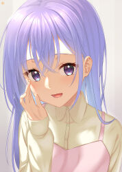 Rule 34 | 1girl, 2023, absurdres, apron, blue hair, blush, bright pupils, collared shirt, commentary request, crossed bangs, dated commentary, eyelashes, fumimaru, grey background, hair between eyes, hand up, highres, idolmaster, idolmaster shiny colors, lips, long hair, looking at viewer, lower teeth only, open mouth, pink apron, purple eyes, shirt, signature, simple background, sleeves past wrists, smile, solo, suzuki hana, teeth, upper body, whispering, yellow shirt