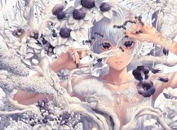 Rule 34 | 1girl, black flower, black nails, branch, flower, ginkgo tree, highres, holding, holding scissors, leaf, lizard, looking at viewer, minami (minami373916), nail polish, original, parted lips, purple eyes, scissors, shadow, short hair, silver hair, smile, solo, upper body