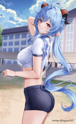 Rule 34 | 1girl, ahoge, alternate costume, arm behind head, arm up, ass, black shorts, blue sky, breasts, building, buruma, cloud, contemporary, cowboy shot, crop top, day, duplicate, from side, ganyu (genshin impact), genshin impact, goat horns, grin, gym shorts, gym uniform, highres, holding, holding own hair, horns, ingurei397, long hair, looking at viewer, low ponytail, medium breasts, midriff, outdoors, paid reward available, pixel-perfect duplicate, purple eyes, shirt, short shorts, short sleeves, shorts, sidelocks, skin tight, sky, smile, solo, stairs, t-shirt, taut clothes, taut shirt, thighs, twitter username, very long hair, wavy hair, white shirt