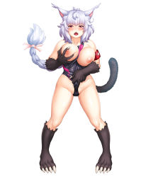 Rule 34 | 00s, 1girl, animal ears, animal hands, blush, braid, breasts, cat ears, cat girl, cat paws, cat tail, competition swimsuit, crakul, curvy, fangs, female focus, grabbing, grabbing another&#039;s breast, highres, large breasts, lilith-soft, looking at viewer, nipples, nobushito kuro, one-piece swimsuit, orange eyes, pussy juice, shiny skin, silver hair, smile, solo, standing, sweat, swimsuit, tail, taimanin (series), taimanin asagi, taimanin rpgx