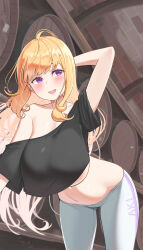 Rule 34 | 1girl, absurdres, aki rosenthal, arm behind head, barrel, bent over, black shirt, blonde hair, blue eyes, breasts, character name, colored inner hair, crotch seam, grey pants, hanging breasts, harry (dudwofla), highres, hololive, huge breasts, indoors, long hair, looking at viewer, midriff, multicolored hair, navel, no bra, off-shoulder shirt, off shoulder, oversized clothes, oversized shirt, pants, shirt, short sleeves, single bare shoulder, solo, underboob, very long hair, virtual youtuber