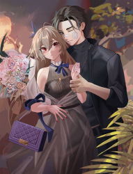 Rule 34 | 1boy, 1girl, bag, black dress, black eyes, black hair, black jacket, black shirt, blonde hair, blush, bouquet, closed mouth, dress, feet out of frame, flower, girls&#039; frontline, highres, holding, holding bag, holding own arm, j (girls&#039; frontline), jacket, jewelry, long hair, looking at another, looking at viewer, mole, mole under eye, nail polish, necklace, official alternate costume, open clothes, open jacket, purple bag, red eyes, red nails, regenerate-x, shirt, short hair, sp9 (girls&#039; frontline), sp9 (slumbering starry dream) (girls&#039; frontline), standing