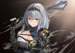Rule 34 | 1girl, absurdres, armor, black background, black headband, blush, braid, breasts, chest guard, chest harness, cleavage, cleavage cutout, clothing cutout, fingerless gloves, flanged mace, gloves, gold trim, grey hair, hair between eyes, harness, headband, highres, holding, holding weapon, hololive, large breasts, light blush, looking at viewer, mace, medium hair, micon, mole, mole on breast, over shoulder, pauldrons, shirogane noel, shirogane noel (1st costume), shoulder armor, single braid, single pauldron, smile, smoke, solo, star (symbol), starry background, tiara, upper body, virtual youtuber, weapon, weapon over shoulder