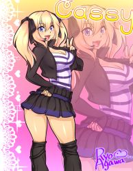 Rule 34 | 1girl, agawa ryou, artist name, ass, bad id, bad tumblr id, blonde hair, blue eyes, borrowed character, breasts, character name, cleavage, cropped jacket, fang, hair ribbon, kneehighs, large breasts, leg warmers, long hair, miniskirt, open mouth, original, ribbon, skirt, smile, socks, solo, striped, twintails, v, zoom layer