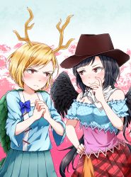 Rule 34 | 2girls, absurdres, antlers, bandana, bare shoulders, black hair, black wings, blonde hair, blue bow, blue shirt, blue skirt, blush, bow, brown headwear, commentary request, cowboy hat, cowboy shot, cracking knuckles, dragon horns, feathered wings, hand on own hip, hand up, hat, highres, horns, kicchou yachie, kurokoma saki, kurono (lamm), long hair, long sleeves, looking at another, low ponytail, multiple girls, off-shoulder shirt, off shoulder, own hands together, plaid, plaid skirt, pleated skirt, puffy short sleeves, puffy sleeves, red eyes, red skirt, shirt, short hair, short sleeves, skirt, standing, swept bangs, touhou, v-shaped eyebrows, very long hair, wings