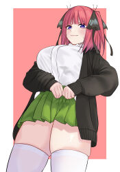 Rule 34 | 1girl, absurdres, black cardigan, blue eyes, blunt bangs, blush, breasts, butterfly hair ornament, cardigan, closed mouth, commentary request, cowboy shot, dressing, eyebrows hidden by hair, eyelashes, from below, go-toubun no hanayome, green skirt, hair ornament, highres, large breasts, looking at viewer, looking down, marimo 625, medium hair, miniskirt, nakano nino, nervous smile, open cardigan, open clothes, pink background, pink hair, pleated skirt, school uniform, shirt, skindentation, skirt, sleeves past wrists, smile, solo, standing, sweatdrop, thighhighs, thighs, two-tone background, two side up, v-shaped eyebrows, white background, white shirt, white thighhighs, zettai ryouiki