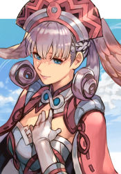 Rule 34 | 1girl, blue eyes, blue sky, breasts, cape, gloves, hat, head wings, hungry clicker, medium breasts, melia antiqua, silver hair, sky, solo, upper body, white gloves, wings, xenoblade chronicles (series), xenoblade chronicles 1