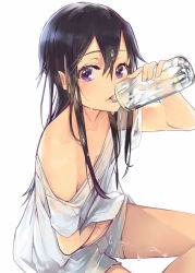 Rule 34 | 1boy, bad id, bad pixiv id, bare shoulders, black hair, bottle, clothes lift, drinking, highres, kirito, kirito (sao-ggo), lips, long hair, looking at viewer, male focus, navel, purple eyes, ribo, shirt lift, shorts, sitting, solo, sword art online, thighs, trap, water bottle, wet, wet clothes, white background