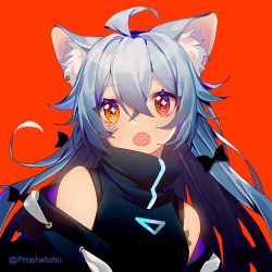 Rule 34 | 1girl, :o, ahoge, animal ear fluff, animal ears, bare shoulders, black jacket, black shirt, blue hair, blush, brown eyes, copyright request, fangs, hair between eyes, jacket, long hair, looking at viewer, lowres, off shoulder, open clothes, open jacket, open mouth, prophet chu, red background, red eyes, shirt, simple background, sleeveless, sleeveless shirt, solo, twitter username, upper body