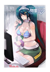 Rule 34 | 1girl, bad proportions, blush, body blush, bra, breasts, chair, collar, computer, evil-ss, flower, food, fruit, green hair, hatsune miku, headdress, highres, keyboard (computer), large breasts, lingerie, long hair, miniskirt, plate, sitting, skirt, solo, twintails, underwear, very long hair, vocaloid, webcam