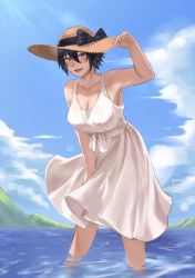 Rule 34 | 1girl, bandaid, bandaid on cheek, bandaid on face, black hair, blush, dress, hat, highres, hunyan, in water, looking at viewer, lower teeth only, no bra, open mouth, original, outdoors, purple eyes, short hair, signature, solo, straw hat, sundress, teeth, tomboy, wading, white dress