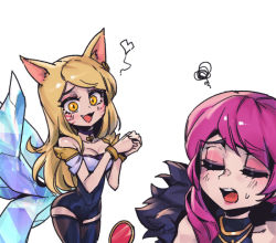 Rule 34 | 2girls, :d, ahri (league of legends), animal ears, black thighhighs, blonde hair, breasts, cleavage, closed eyes, covered navel, evelynn (league of legends), facial mark, fang, fox ears, fox girl, fox tail, fur trim, grey background, heart, k/da (league of legends), k/da ahri, k/da evelynn, large breasts, league of legends, long hair, looking at another, multiple girls, official alternate costume, open mouth, own hands together, phantom ix row, pink hair, portrait, simple background, smile, squiggle, tail, teeth, thighhighs, upper teeth only, whisker markings