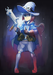 Rule 34 | 1girl, boots, cape, constanze amalie von braunschbank-albrechtsberger, erica (naze1940), gloves, goggles, goggles on headwear, green eyes, gun, hat, highres, holding, holding weapon, knee boots, little witch academia, long hair, ponytail, pouch, robe, solo, thumbs up, weapon, witch hat