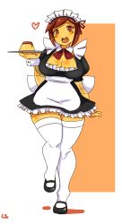 Rule 34 | 1girl, alternate costume, blush, breasts, brown hair, cleavage, colored skin, curvy, detached collar, enmaided, flanny (lightsource), food, highres, large breasts, lightsource, maid, maid headdress, monster girl, original, personification, pudding, red eyes, short hair, slime girl, solo, stitched, thighhighs, thighs, third-party edit, transparent, tray, white thighhighs, wide hips, wrist cuffs, yellow skin, zettai ryouiki