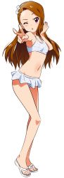 Rule 34 | 1girl, ;o, absurdres, akizuki ritchan, arched back, bare arms, bare legs, bikini, bow, breasts, brown hair, contrapposto, dot nose, floating hair, from side, full body, groin, hair bow, hairband, highres, idolmaster, idolmaster (classic), legs together, long hair, looking at viewer, lowleg, midriff, minase iori, navel, one eye closed, outstretched arm, parted lips, pink eyes, red eyes, small breasts, solo, standing, swimsuit, tareme, transparent background, v, white bikini, white bow, white hairband, wink