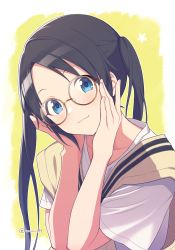 Rule 34 | 1girl, agata (agatha), bad id, bad pixiv id, black hair, blue eyes, brown-framed eyewear, commentary request, glasses, head tilt, highres, idolmaster, idolmaster shiny colors, looking at viewer, mitsumine yuika, round eyewear, shirt, smile, solo, t-shirt, twintails, upper body, vest, white shirt