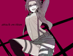 Rule 34 | 1girl, arm up, arms behind back, belt, bk3, boots, buckle, copyright name, cowboy shot, english text, goggles, hange zoe, jacket, long sleeves, military, military uniform, monochrome, open mouth, pants, pocket, purple background, shingeki no kyojin, shirt, short hair, simple background, smile, solo, strap, teeth, text focus, thigh strap, three-dimensional maneuver gear, uniform